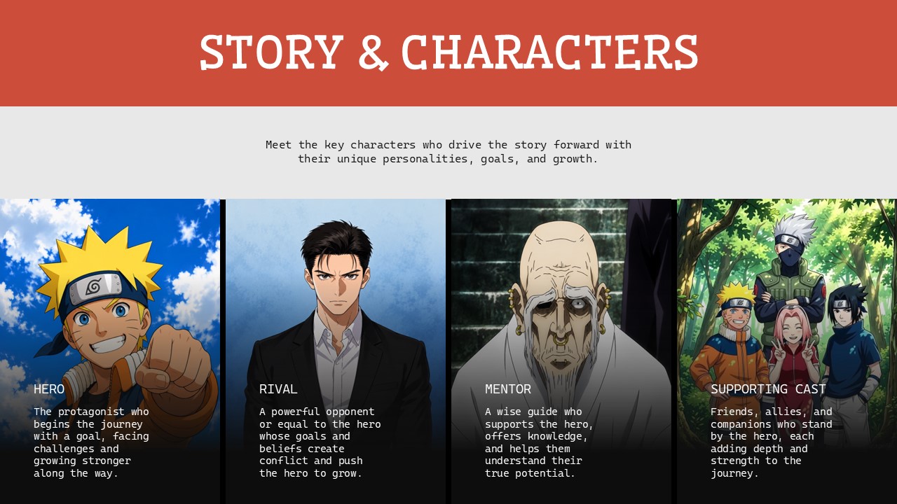 Anime Style Template - Visual language slide with five image cards covering anime art elements like lighting and speed lines