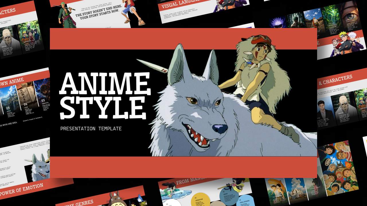 Anime Style Template - Bold black and red cover slide with manga-inspired character artwork and title text