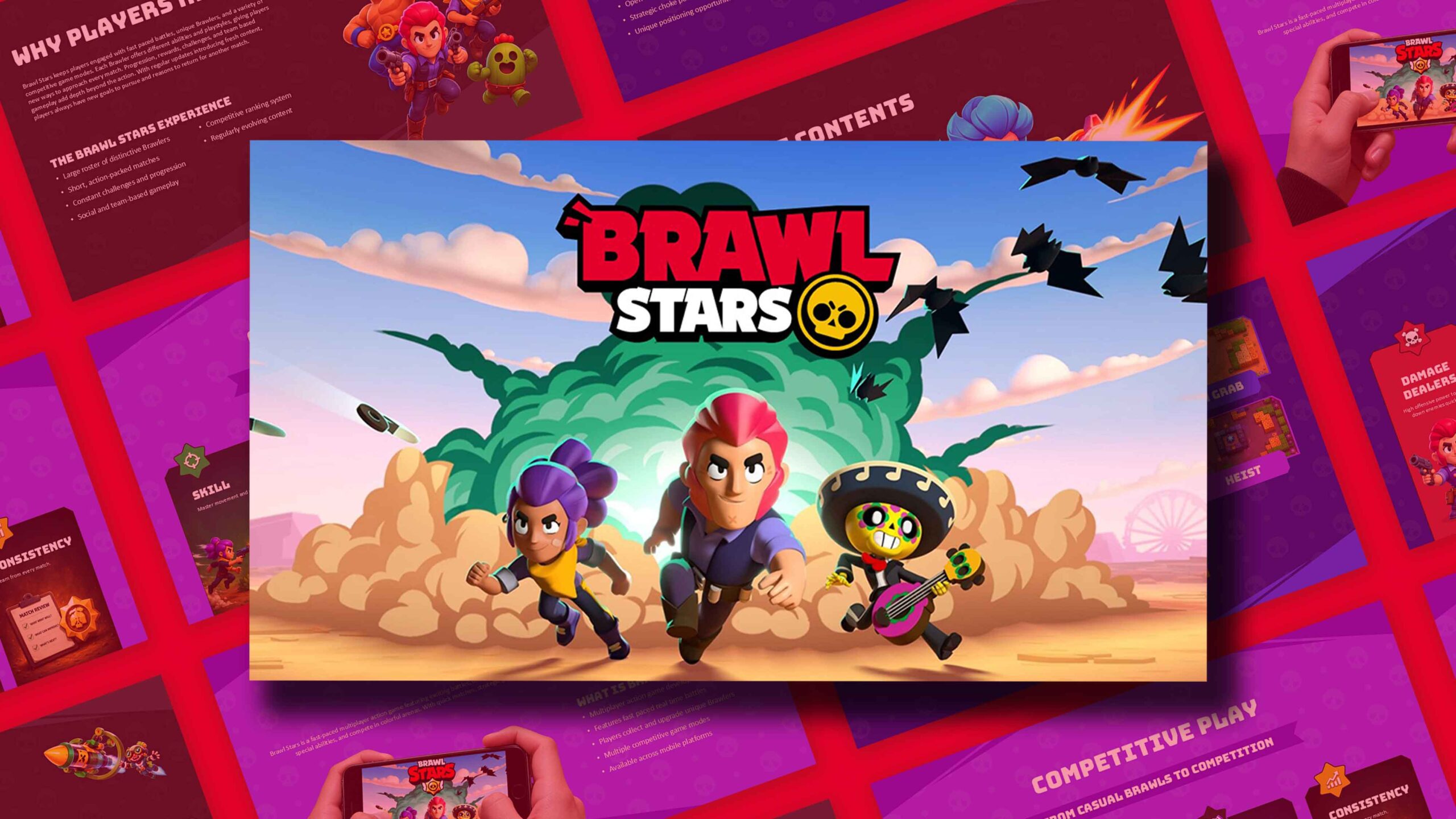 Brawl Stars Template - Cinematic cover slide with three characters and desert explosion background