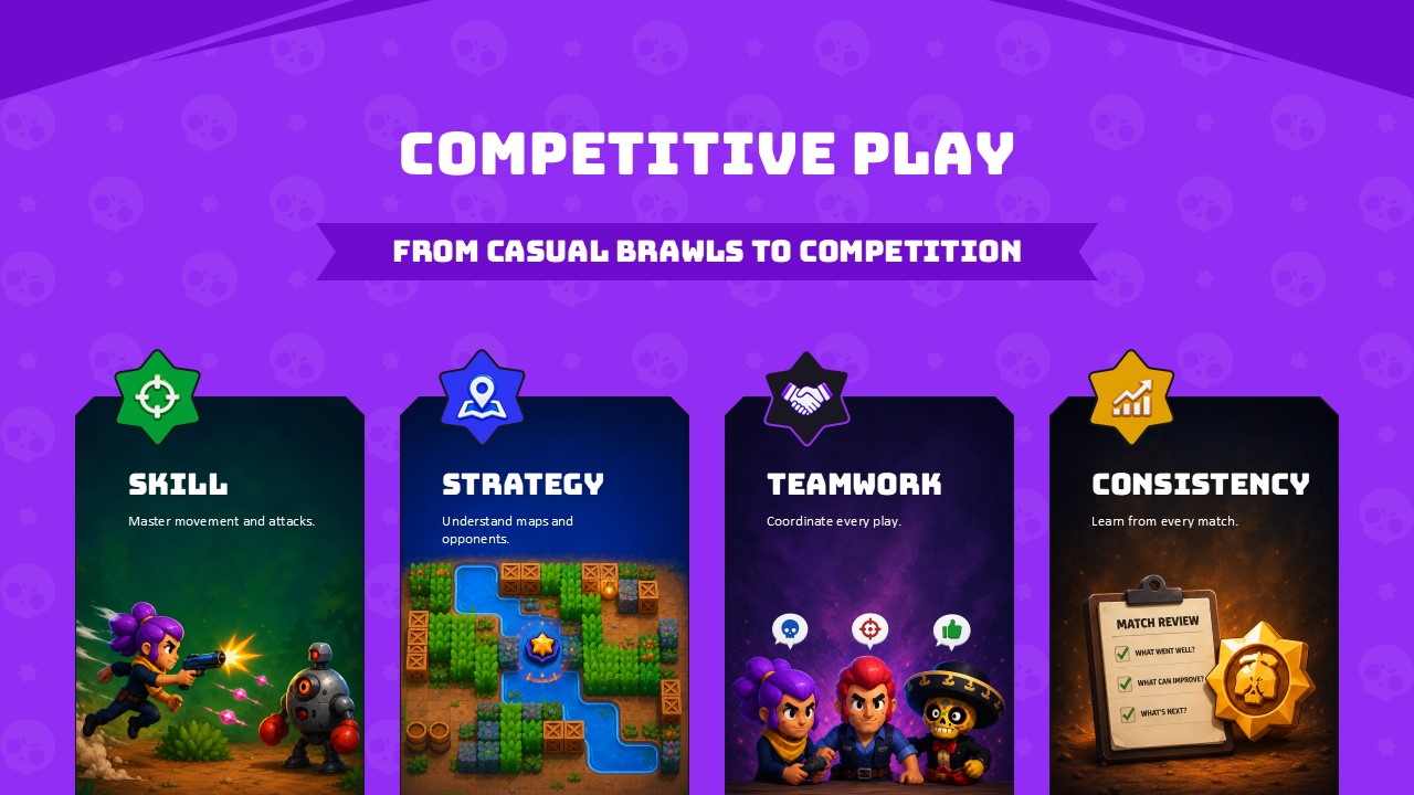 Brawl Stars Template - Player retention summary slide with two-column bullet list and character group art