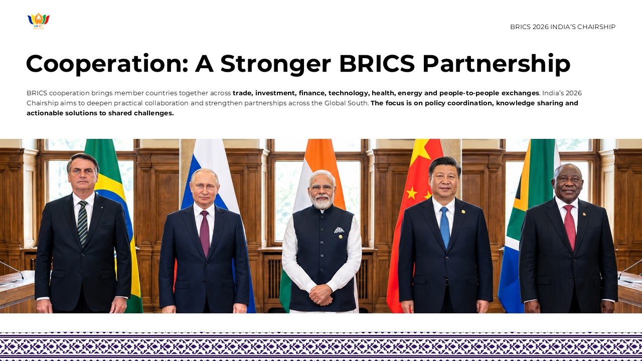 BRICS 2026 Template - Cooperation slide to highlight BRICS multilateral partnership across trade, finance, and technology