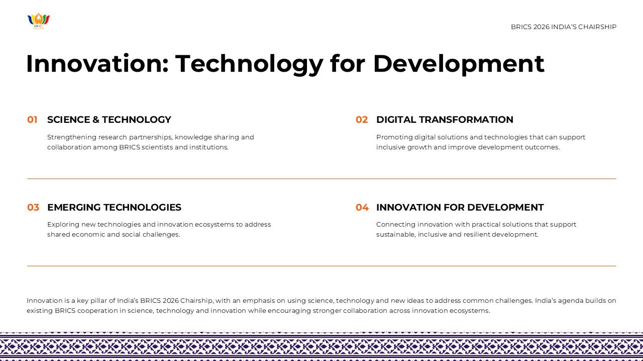 BRICS 2026 Template - Innovation slide to outline BRICS technology and digital transformation agenda in four themes