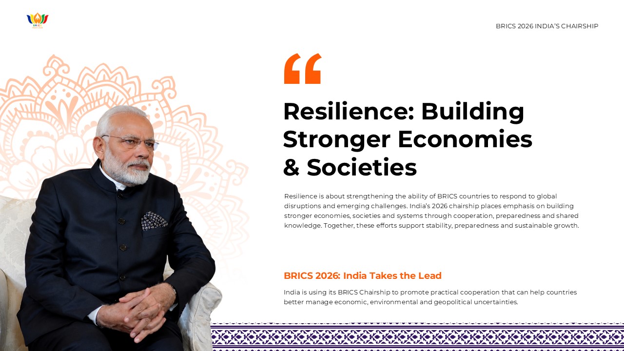 BRICS 2026 Template - Resilience slide to present economic and societal strength themes with leadership quote format