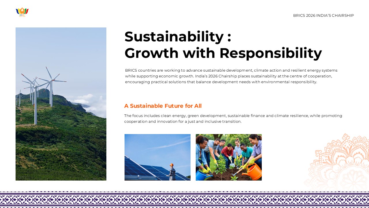 BRICS 2026 Template - Sustainability slide to present BRICS green development and climate responsibility agenda visually