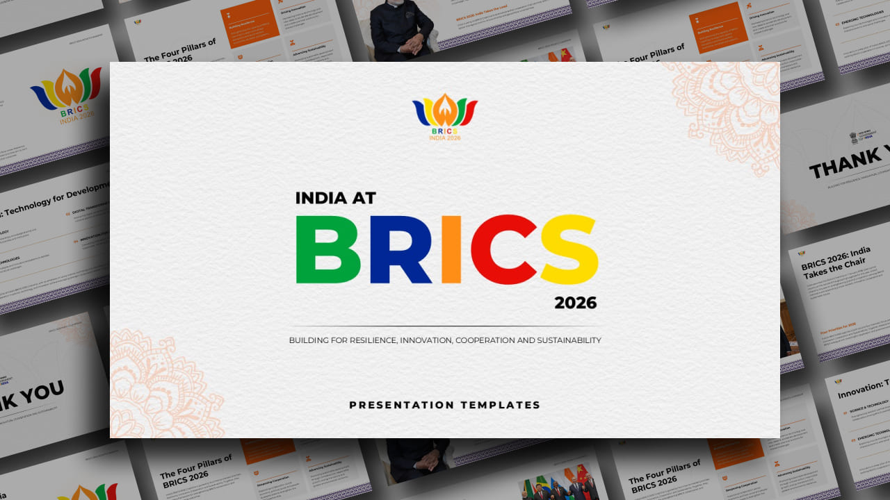 BRICS 2026 Template - Full deck preview showcasing all 11 slides for India's BRICS Chairship presentations