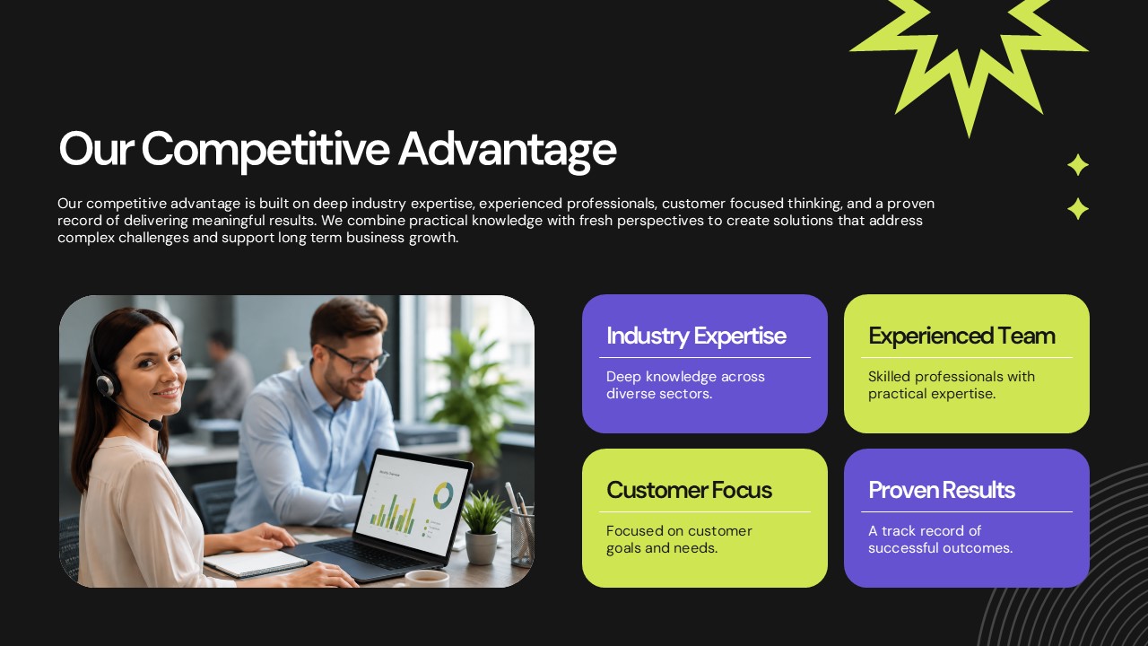 Competitive Advantage Template - Dark slide with team photo and 2x2 grid of differentiator cards in lime and purple