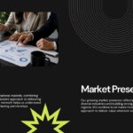 Global Reach Market Presence Template - Dark slide with professionals analyzing maps and two descriptive text zones