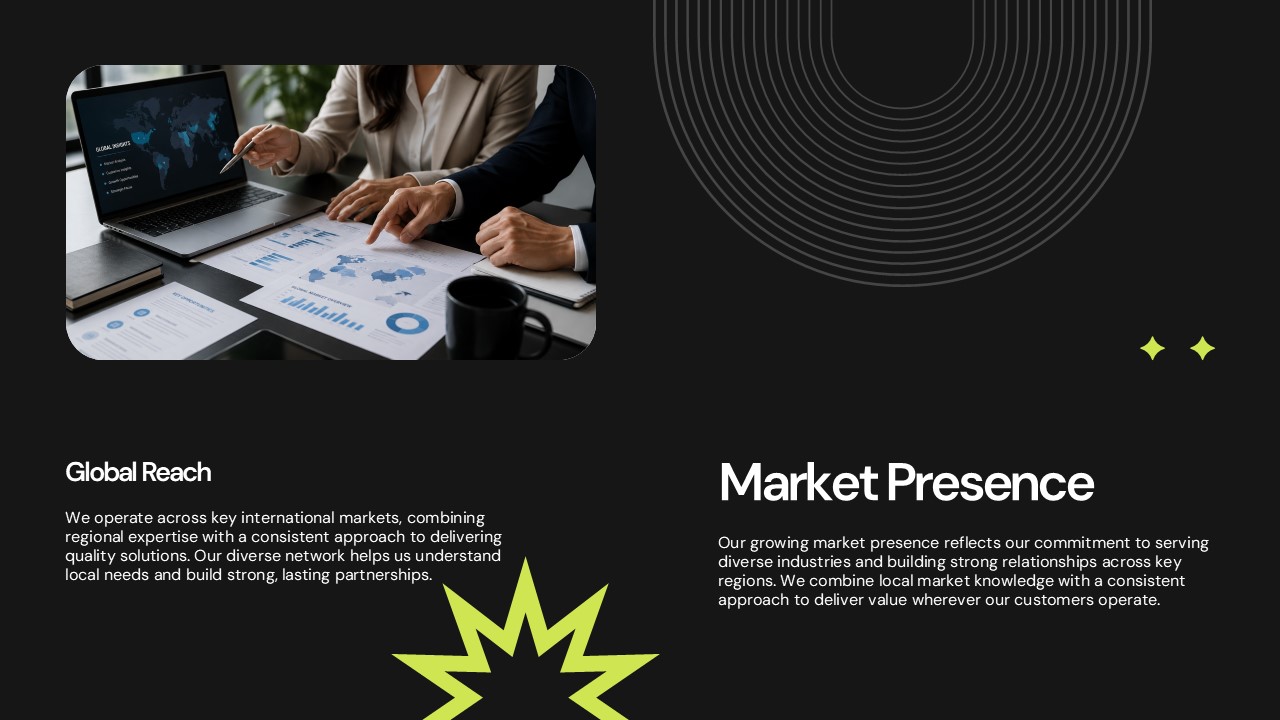 Global Reach Market Presence Template - Dark slide with professionals analyzing maps and two descriptive text zones