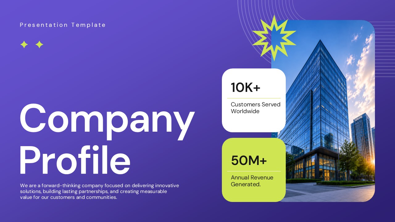 Company Profile Google Slides Template - Dark mode Who We Are slide with team photo and founding year highlights