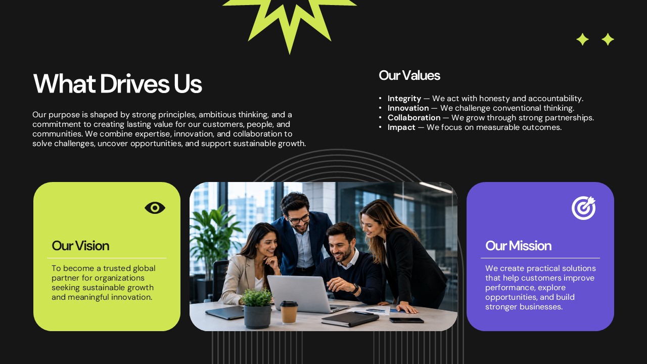 Mission Vision Values Template - Dark slide with lime green vision card, purple mission card, and core values list