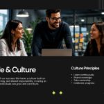 People Culture Template - Dark slide with full-width team photo and four culture principles bullet list