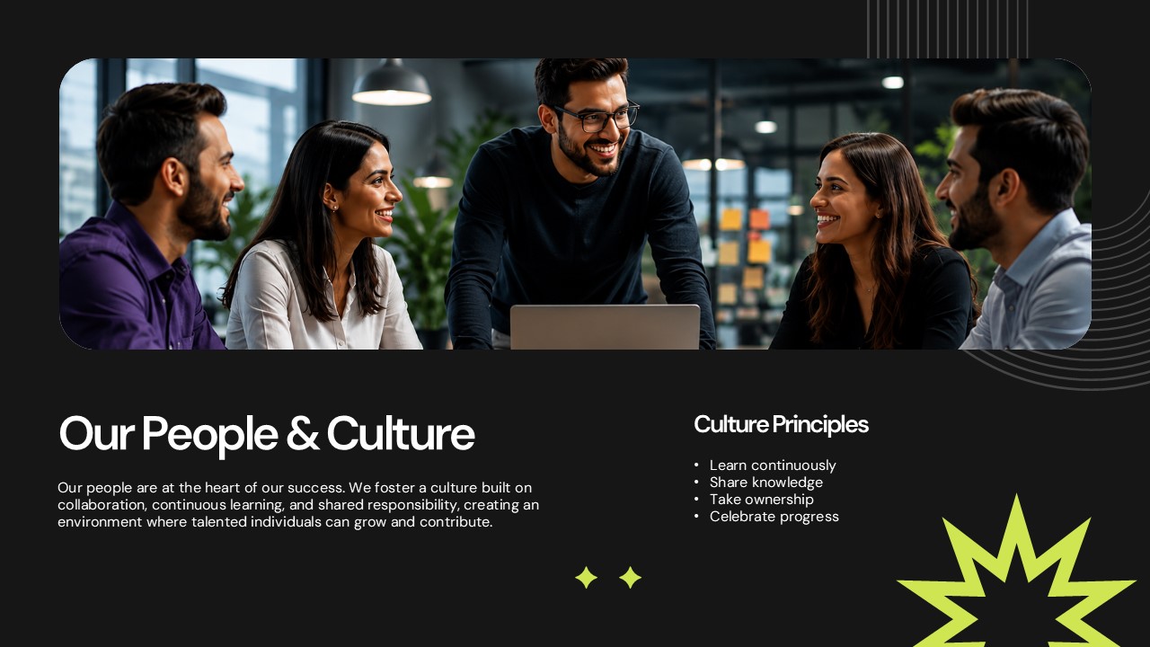 People Culture Template - Dark slide with full-width team photo and four culture principles bullet list