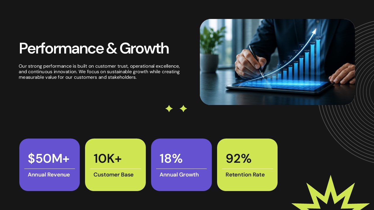 Performance Growth Metrics Template - Dark slide with four KPI cards showing revenue, customers, growth, and retention