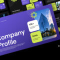 Company Profile Template - Bold purple cover slide with skyscraper photo and lime green KPI stat cards