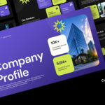 Company Profile Template - Bold purple cover slide with skyscraper photo and lime green KPI stat cards