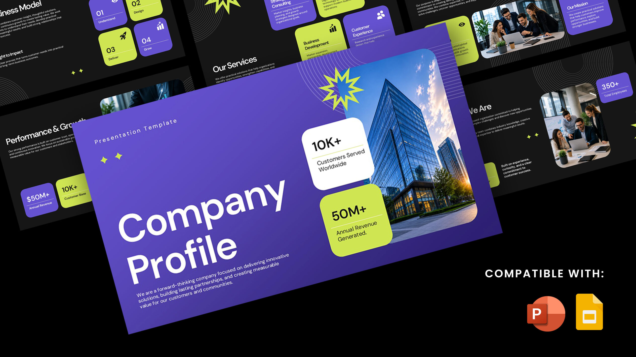 Company Profile Template - Bold purple cover slide with skyscraper photo and lime green KPI stat cards