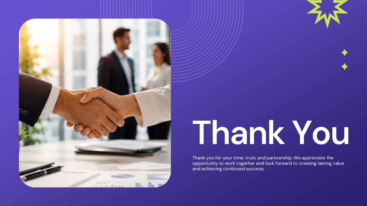Thank You Template - Purple closing slide with business handshake photo and warm appreciation message