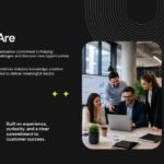 Who We Are Overview Template - Dark corporate slide with team photo, founding year, and 350+ employee stat card
