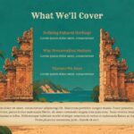 Cultural Heritage Preservation Agenda Template - 3-item contents slide framed by Balinese stone gate pillars and parchment scroll