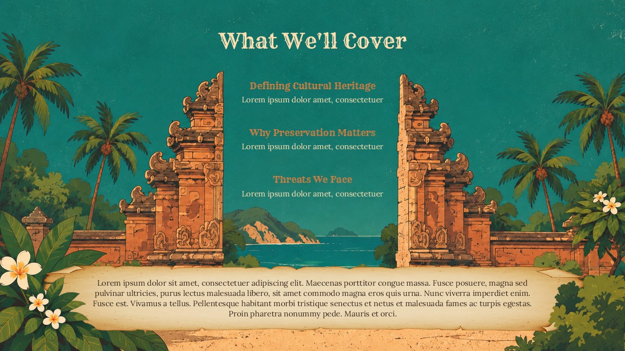 Cultural Heritage Preservation Agenda Template - 3-item contents slide framed by Balinese stone gate pillars and parchment scroll