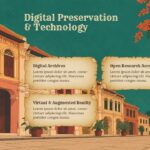 Cultural Heritage Digital Technology Template - three parchment content boxes over colonial shophouse streetscape illustration
