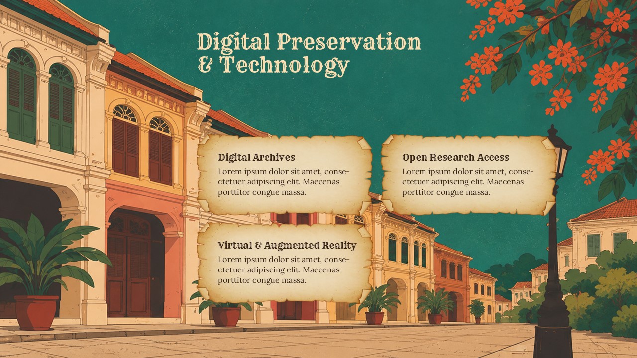 Cultural Heritage Digital Technology Template - three parchment content boxes over colonial shophouse streetscape illustration