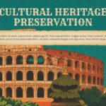 Cultural Heritage Preservation Template - cover slide with Roman Colosseum illustration, title text, and parchment scroll banner