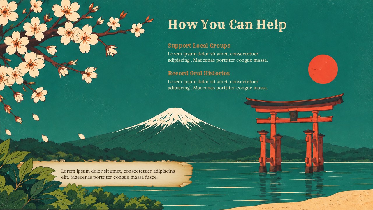 Cultural Heritage Call-to-Action Template - two action sections with Japanese torii gate, Mt. Fuji, and cherry blossom illustration