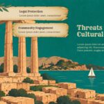 Cultural Heritage Solutions Template - split layout with Greek ruins illustration and two parchment scroll solution boxes