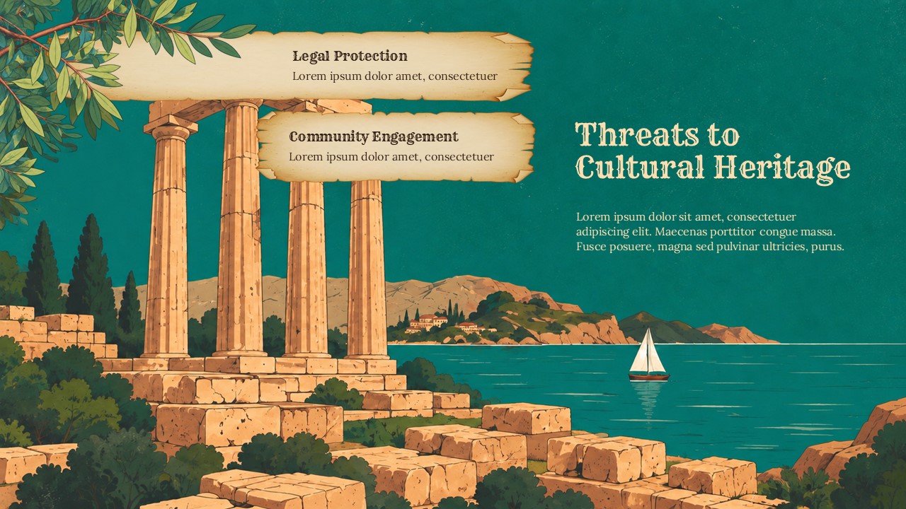 Cultural Heritage Solutions Template - split layout with Greek ruins illustration and two parchment scroll solution boxes