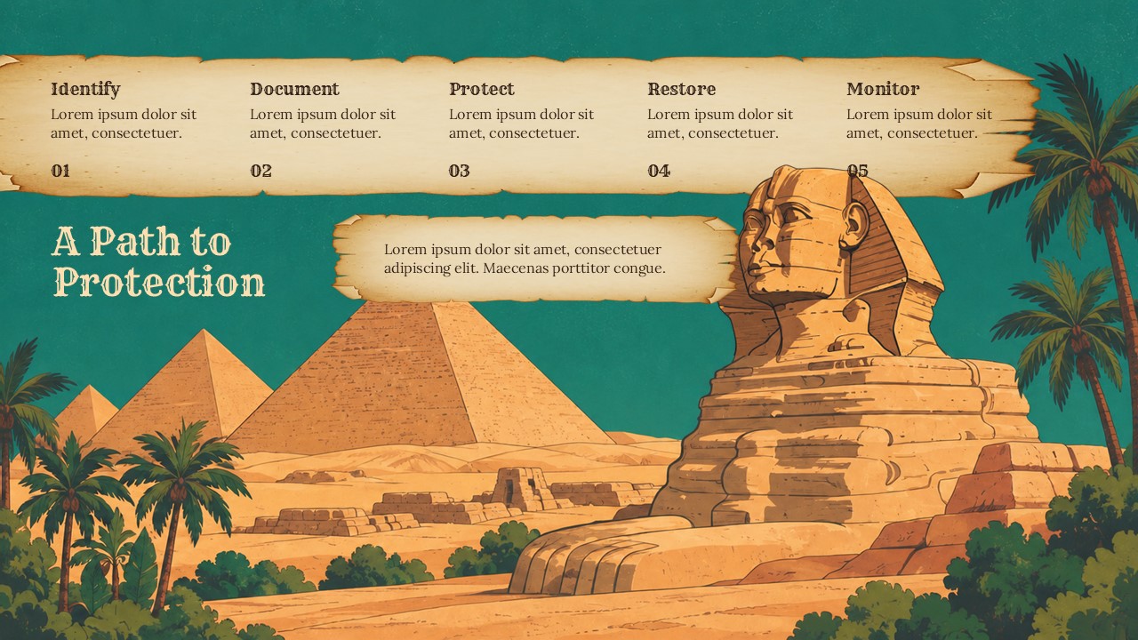 Cultural Heritage Protection Process Template - 5-step horizontal timeline over Egyptian pyramids and Sphinx illustration