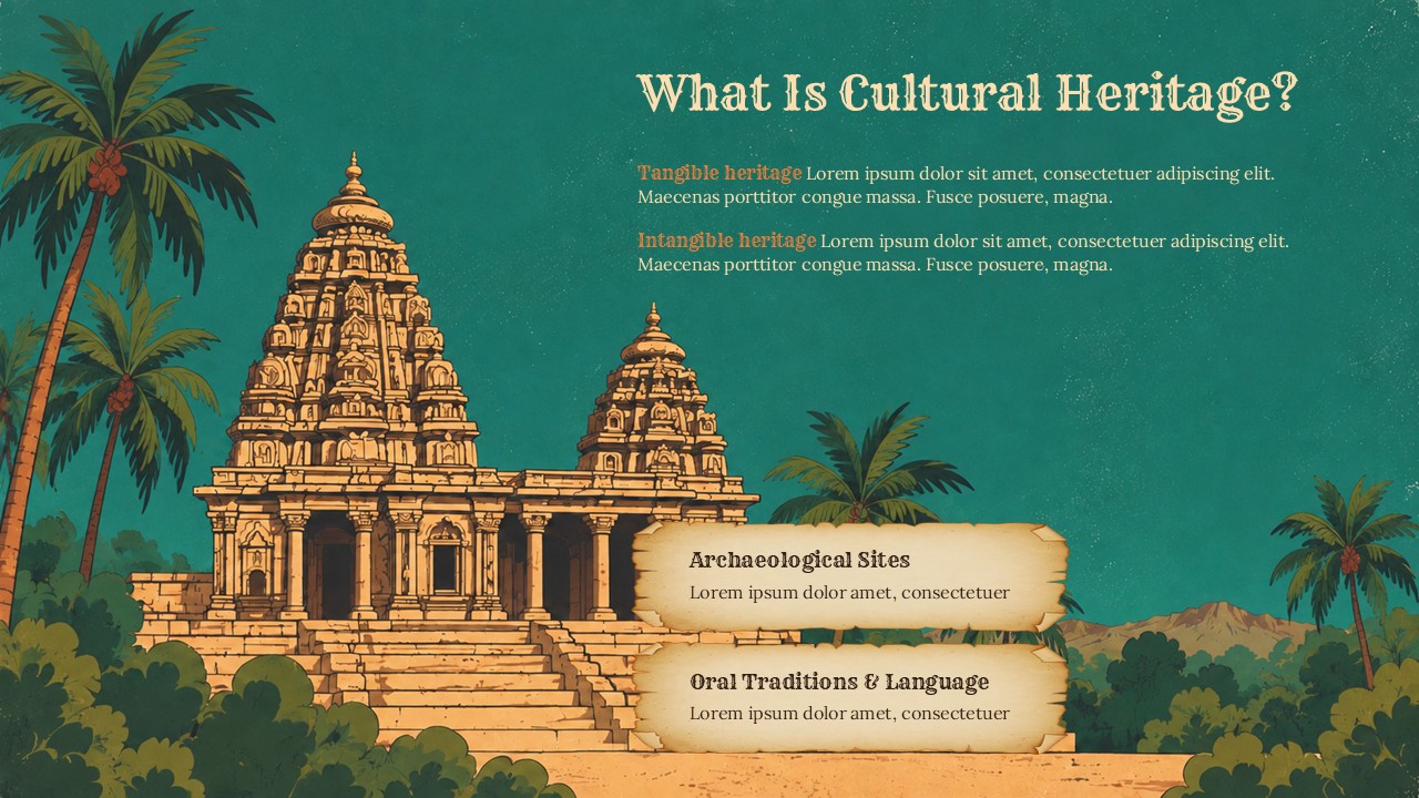 Cultural Heritage Types Template - definition slide with Dravidian temple illustration and two parchment scroll category boxes