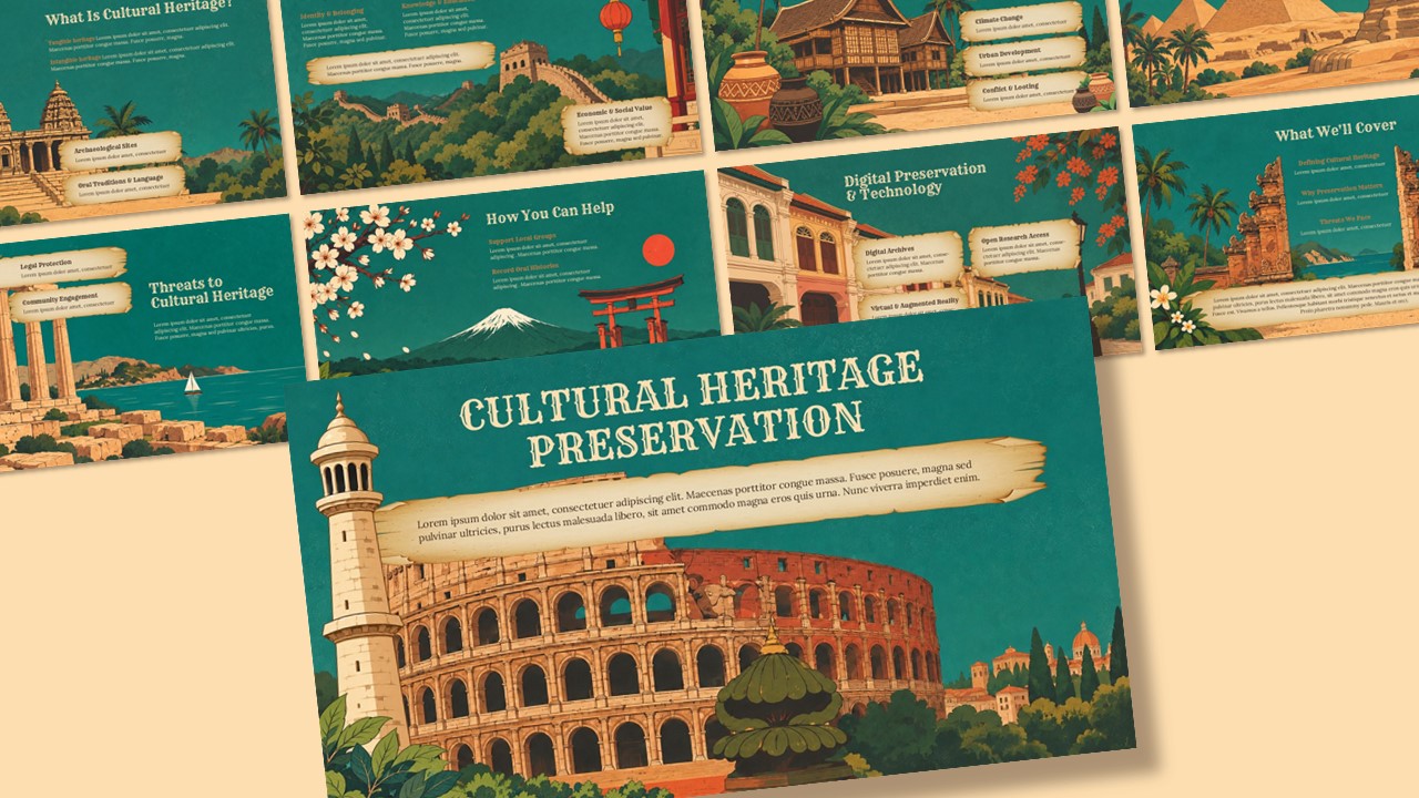 Cultural Heritage Preservation Template - 8-slide fan preview with Colosseum, pyramids, torii gate, and temple illustrations