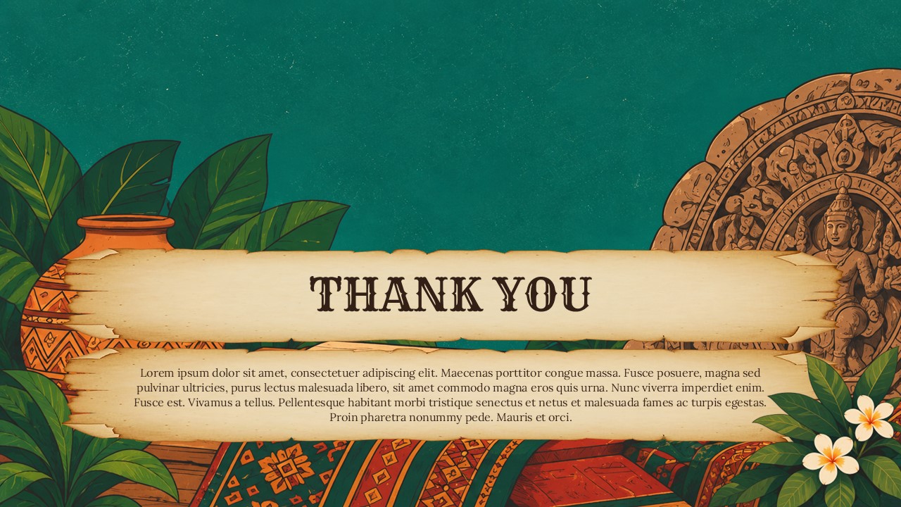 Cultural Heritage Preservation Thank You Template - centered parchment scroll closing banner on deep teal illustrated background