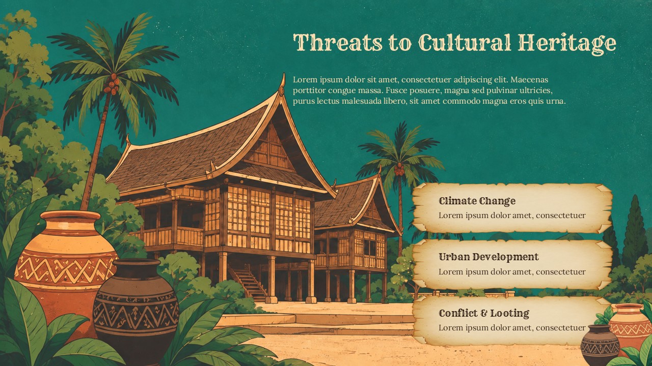 Cultural Heritage Threats Template - three stacked parchment scroll boxes beside Southeast Asian stilt house illustration