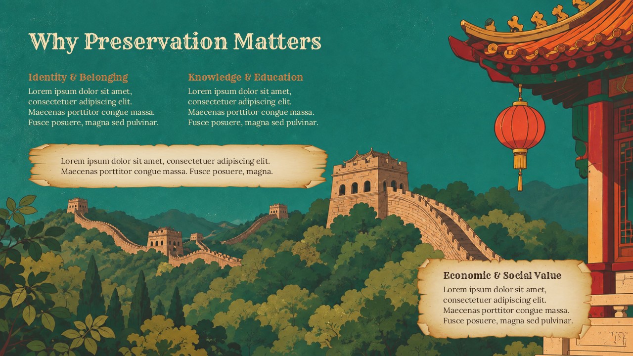 Cultural Heritage Preservation Rationale Template - two-column layout with Great Wall illustration and three benefit text sections