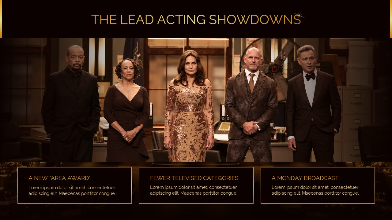 Emmy Awards 2026 Format Changes Template - cast photo with three gold-bordered info cards on dark background below