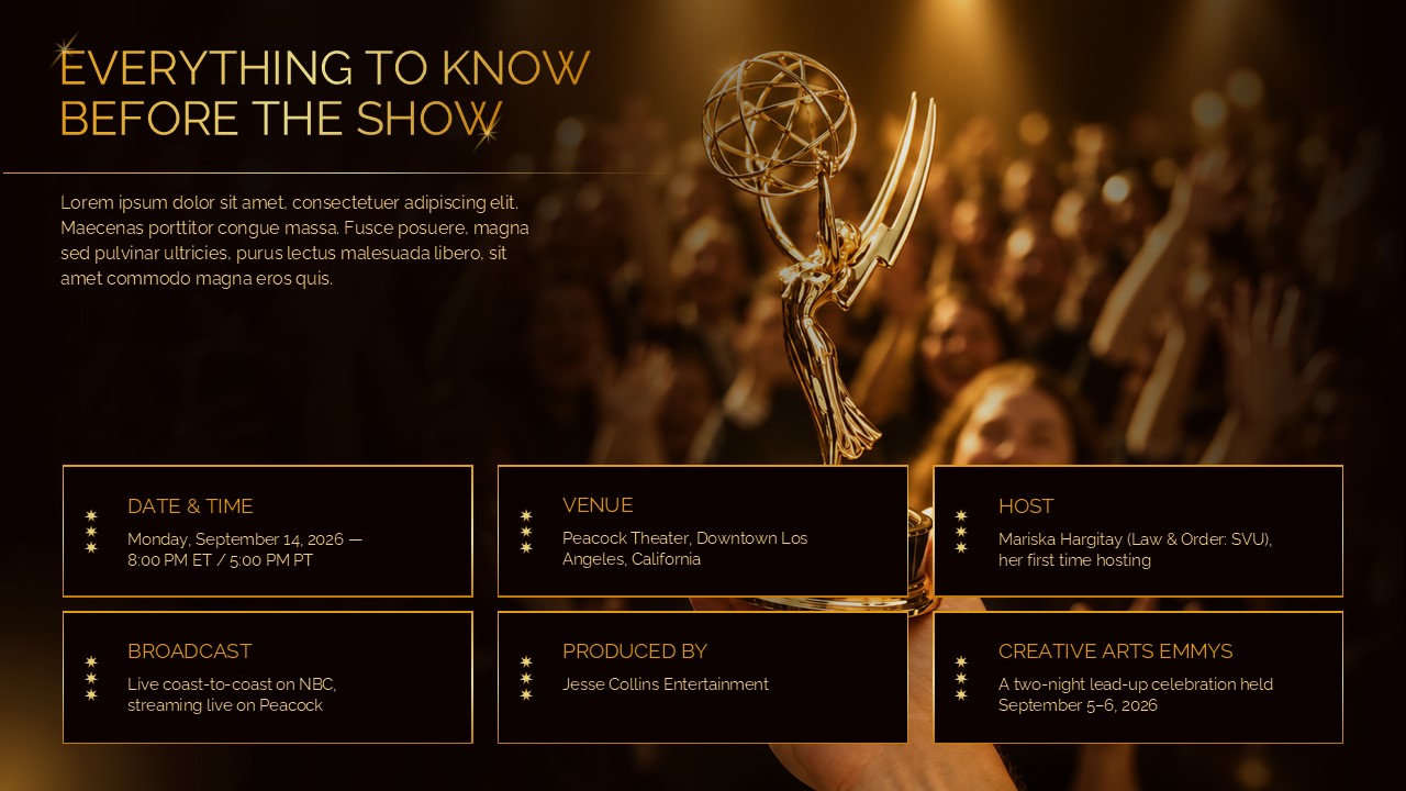 Emmy Awards 2026 Google Slides Template - event overview slide with 6 gold-bordered info cards on dark background