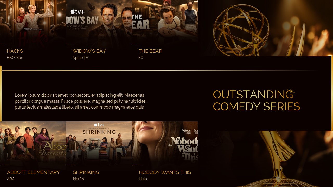 Emmy Awards 2026 Comedy Series Template - six nominee show posters in dual rows with gold Outstanding Comedy Series label