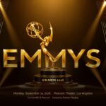 Emmy Awards 2026 Template - cinematic cover slide with gold statuette, diagonal light beams, and metallic title text