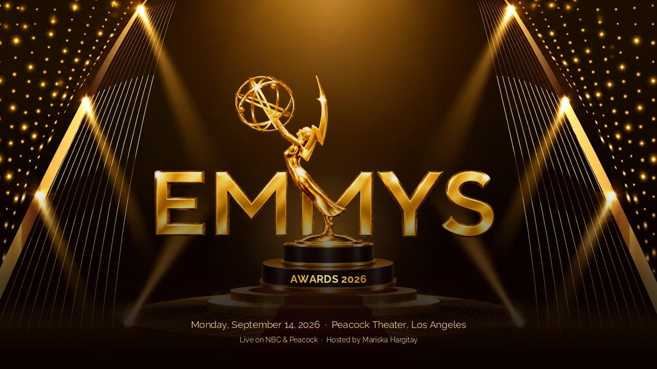 Emmy Awards 2026 Template - cinematic cover slide with gold statuette, diagonal light beams, and metallic title text