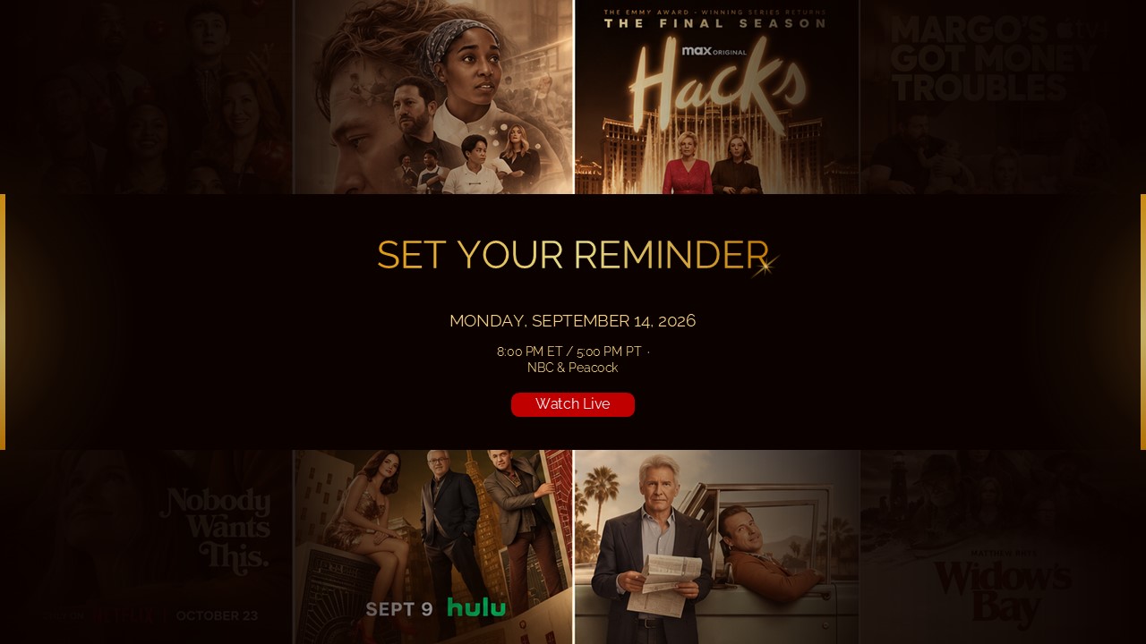 Emmy Awards 2026 Watch Live Template - CTA closing slide with red button, gold headline, and show poster border collage