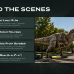End of Oak Street Behind the Scenes Template - Four stacked fact cards with production trivia and dinosaur-in-suburbia image