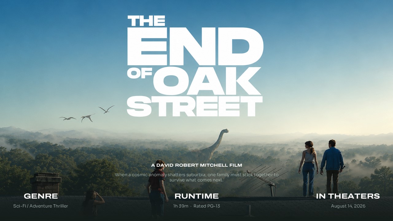 End of Oak Street Google Slides PowerPoint Template - Two-column synopsis slide with film still, pull quote, and cast photo