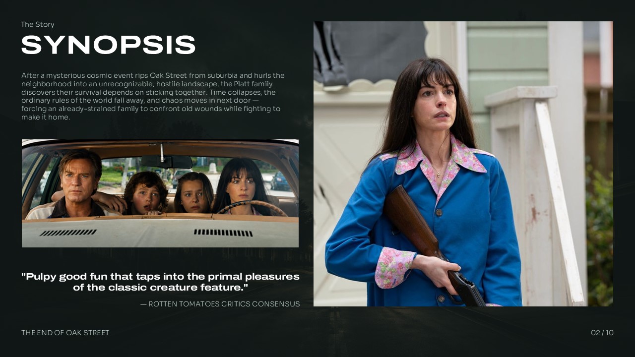End of Oak Street Synopsis Template - Story slide with narrative paragraph, embedded film still, and Rotten Tomatoes pull quote