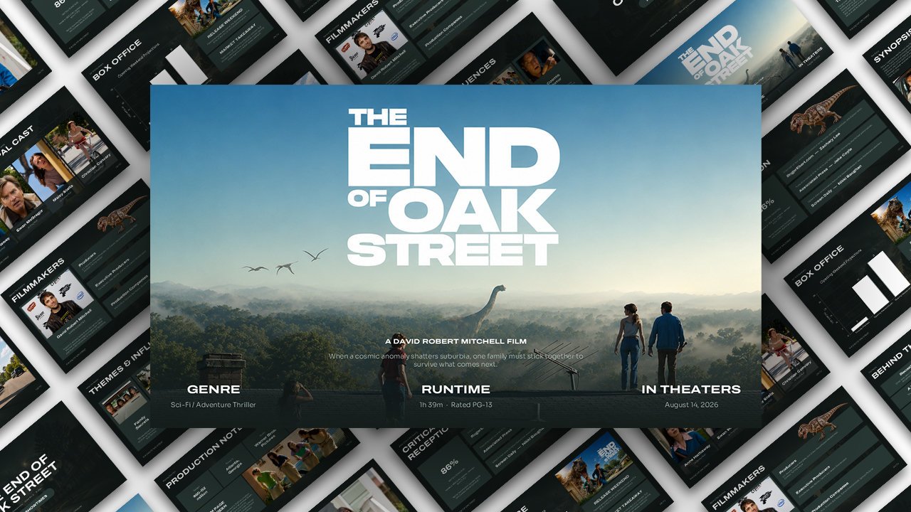 End of Oak Street Template - Cinematic cover slide with hero title, director credit, tagline, and release stats