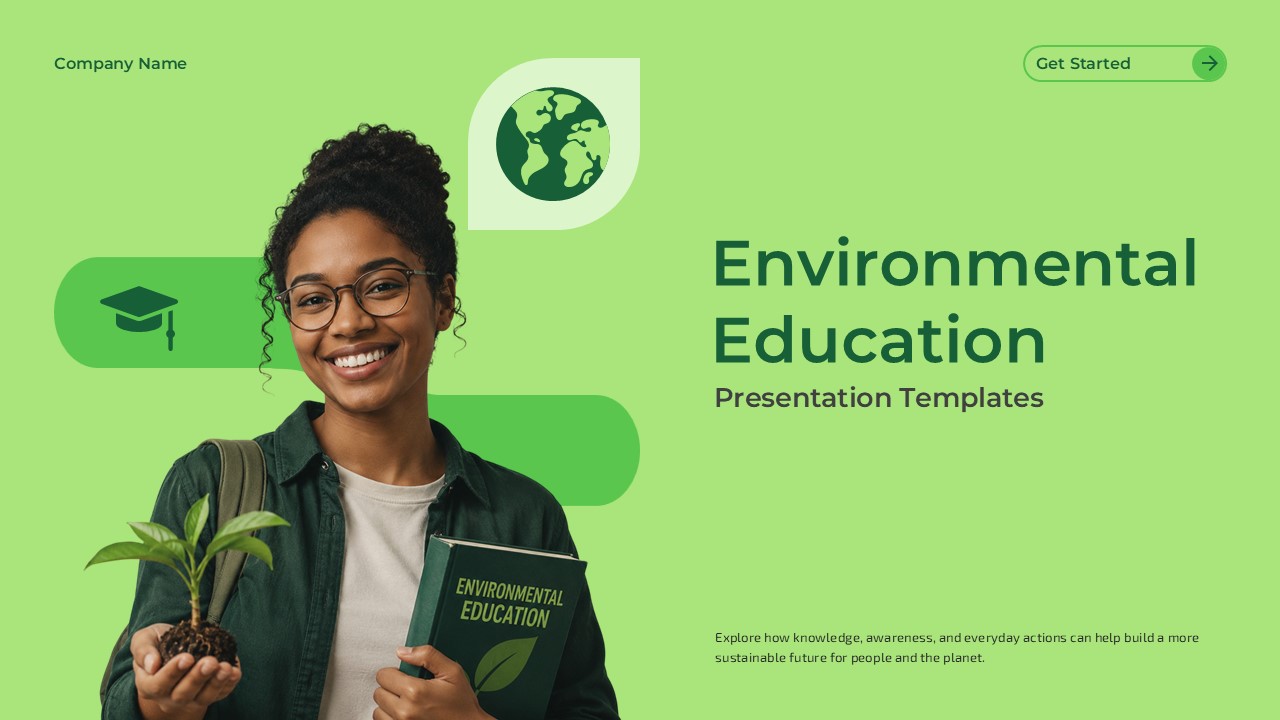 Environmental Education Google Slides Template - Split layout with mission statement, seedling photo, and green callout card