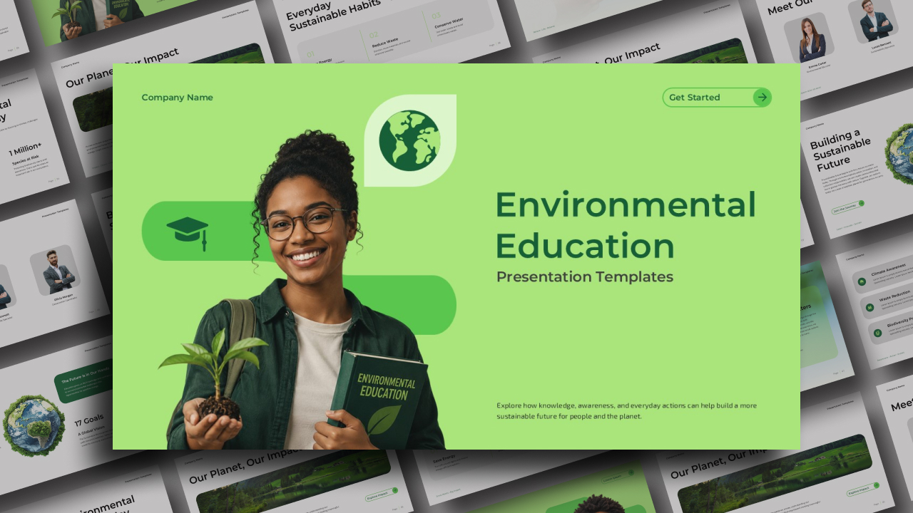 Environmental Education Template - Vibrant lime green cover with smiling educator holding a plant and preview of all 11 slides