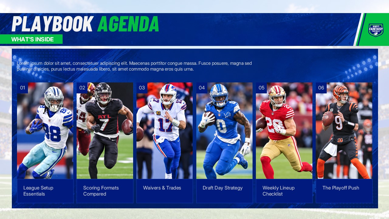 ESPN Fantasy Football Template - league setup essentials four-column layout