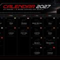F1 2027 Calendar Template - dark-themed 24-race season schedule with circuit maps, flags, and red column headers